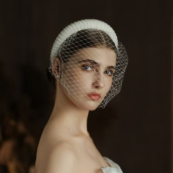 French Hepburn-Style Bridal Veil - White Vintage Beaded Wide-Mesh Headband | Party Face-Covering Hair Accessory