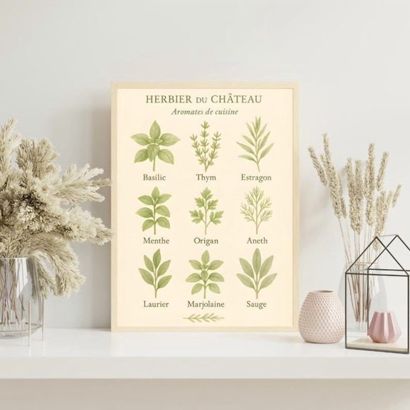 French Herb Chart Print, Unframed Paper Poster 8x10in