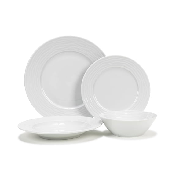 French Home 16-Piece Dinnerware Set  White Wave Porcelain Plates and Bowls  Elegant, Lead-Free Stoneware Set for Everyday Use