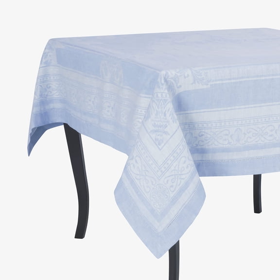 French Home Astra Tablecloth 71" x 71" Woven Linen Tablecloth Elegant Ivory and Light Blue Jacquard Design Premium Kitchen & Dining Accessories