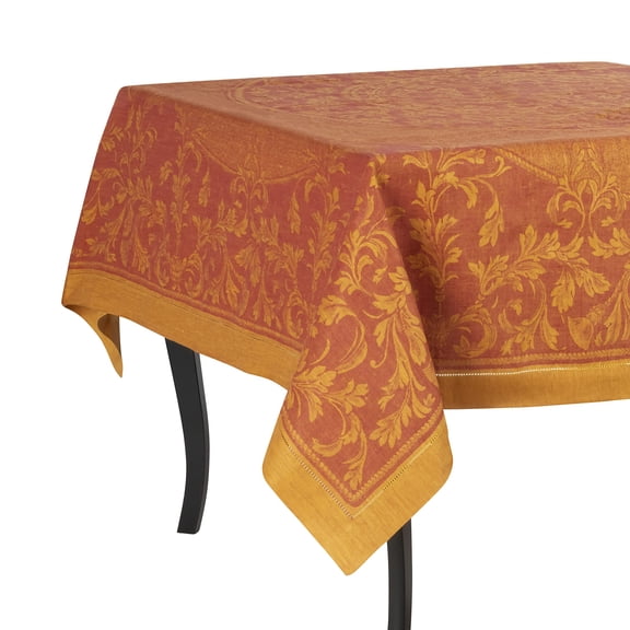 French Home Renaissance Linen Tablecloth 71" x 71" Woven Linen for Any Occasion Elegant Warm Sienna and Saffron Jacquard Design Premium Kitchen & Dining Accessories