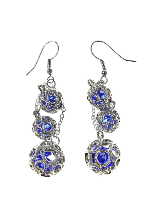 French Hook Dangle Earrings With Ornately Accented Blue Beads Silver-Tone