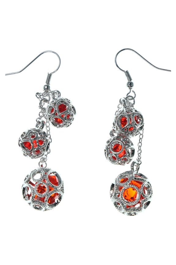 French Hook Dangle Earrings With Ornately Accented Red Beads Silver-Tone