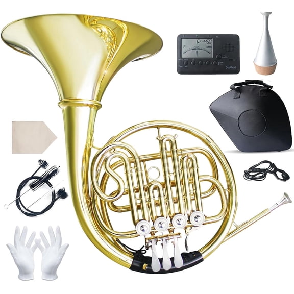 French Horn Beginner Bb- 4-Key Gold Lacquer Brass Horn with Hard Case | Includes Tuner, Mouthpiece & Cleaning Kit