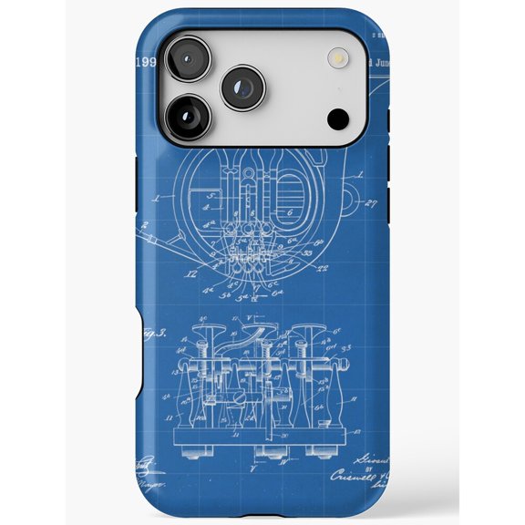 French Horn Blueprint Tough Case for Apple iPhone, Polycarbonate Shell and TPU Liner, Blue and White