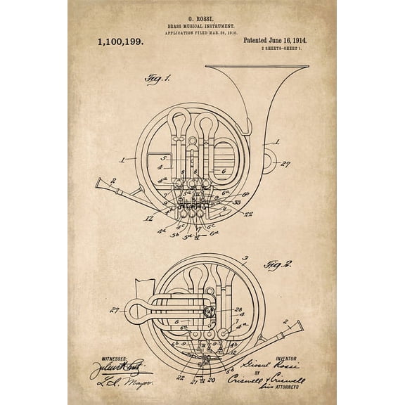 French Horn Musical Instrument Patent Art Print