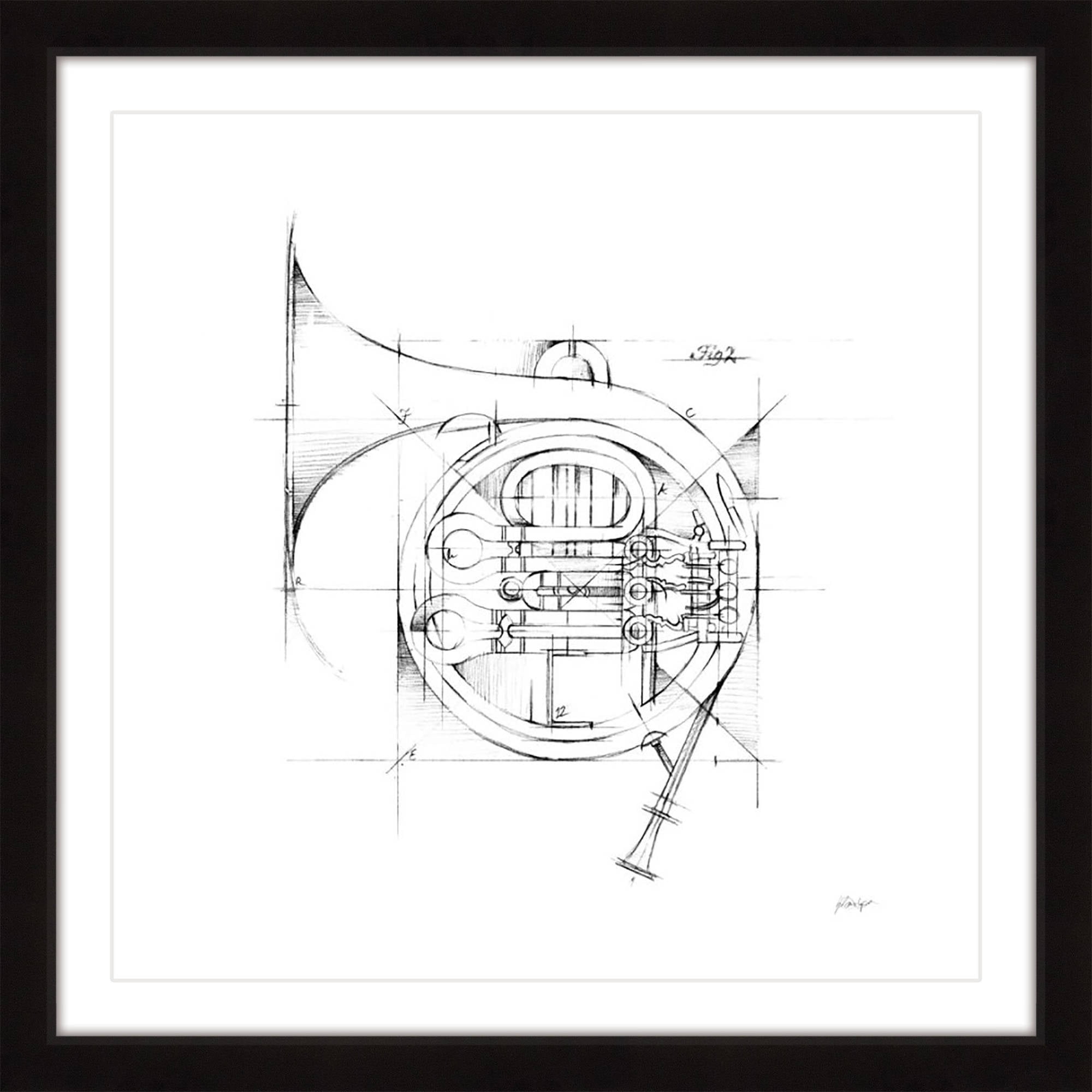 "French Horn Sketch" Framed Painting Print