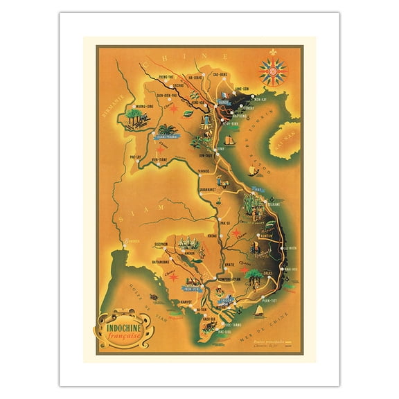 French Indochina (Indochine Française) - Cambodia Laos and Vietnam - Vintage Pictorial Map by Jean Pierre c.1930s - Bamboo Fine Art 290gsm Paper (Unframed) 12x16in