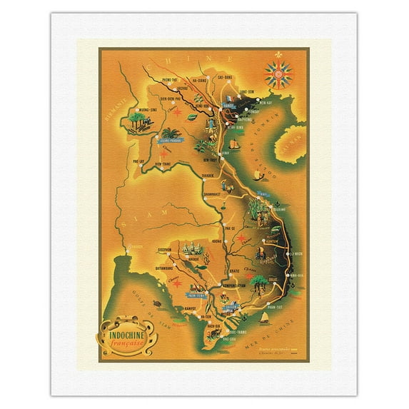 French Indochina (Indochine Française) - Cambodia Laos and Vietnam - Vintage Pictorial Map by Jean Pierre c.1930s - Fine Art Rolled Canvas Print 20in x 26in