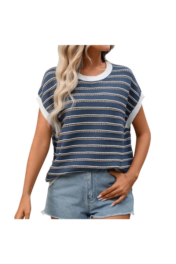 French Inspired Summer Tee – Women's Stripe Round Neck Short Sleeve Blouse, Breton Classic Navy White Casual Top, Relaxed Fit Cotton T-Shirt Style