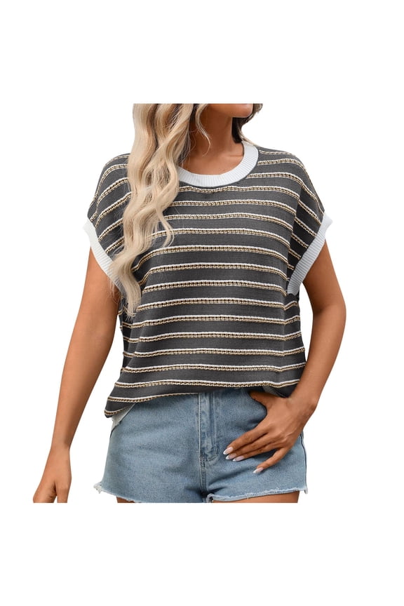 French Inspired Summer Tee – Women's Stripe Round Neck Short Sleeve Blouse, Breton Classic Navy White Casual Top, Relaxed Fit Cotton T-Shirt Style