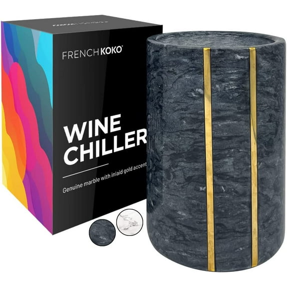 French KOKO Marble Stone Wine Chiller Bucket Champagne Chiller Bucket Gold Accents Marble Utensil Holder Wine Cooler Beverage Single Bottle Chillers Holder Bar Accessories Gift Kitchen Decor Black