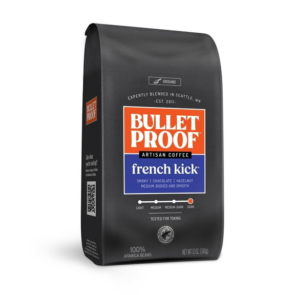 Bulletproof French Kick Dark Roast Ground Coffee, 12 Ounces, 100% Arabica Coffee Sourced from Central and South America, Clean Coffee Tested for Toxins