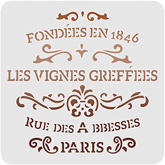 French Label Les Vignes Greffes Stencils Template 30x30cm/11.8x11.8inch Plastic Les Vignes Greffes Drawing Painting Stencils Square Reusable Stencils for Walls and Crafts