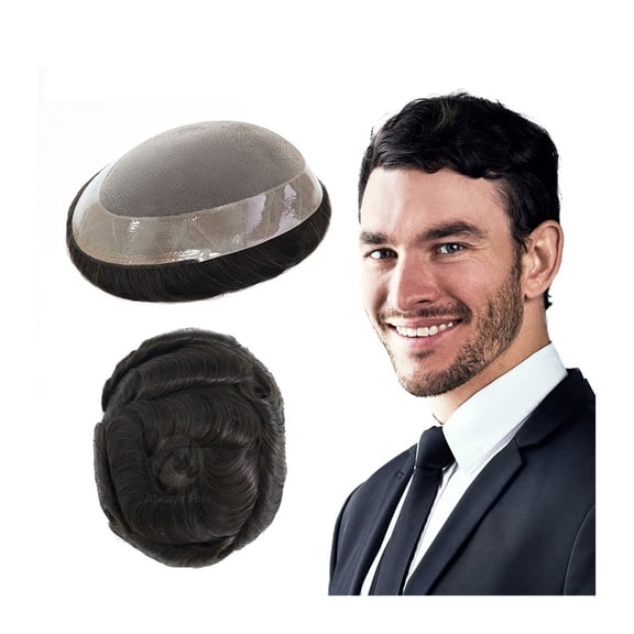 French Lace Front Men Toupee Durable Fine Mono with 1" Poly Coating Perimeter Men's Hair Prosthesis #1B 130% Density Human Hair Pieces System Units