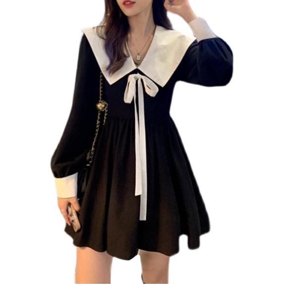 French Lace Long Sleeve Mini Dress in Black & White with Puff Sleeves and V-Neck - Perfect for Summer Parties, Shopping, or Travel - Size S