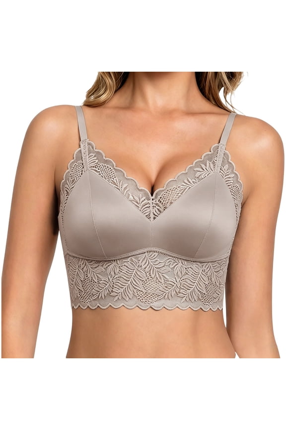 French Lace Push Up Bra Adjustable Straps Fixed Cup Satin Wirefree for Casual Home Wear, M, Coffee
