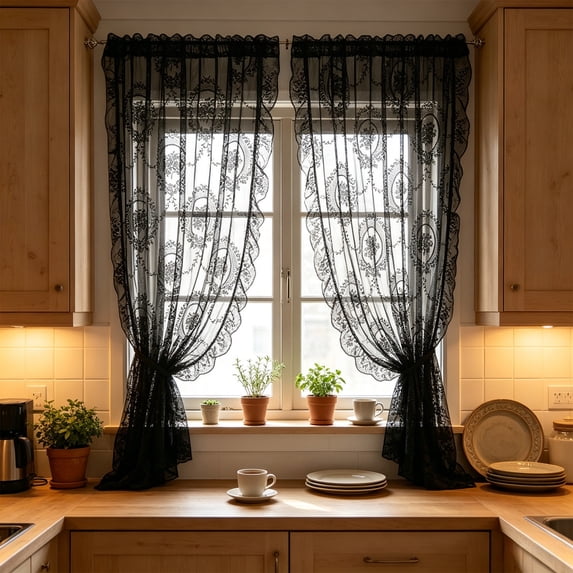 French Lace Sheer Curtain with Floral Round Mirror Pattern, Rod Pocket Window Panel for Bedroom, Living Room and Home Decor
