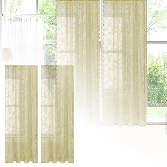 French Lace Sheer Window Curtain, 59"" W x 39"" L Floral Semi-Sheer Panel with Scalloped Edges, Rod Pocket Voile Curtain for Bedroom, Living Room & Kitchen