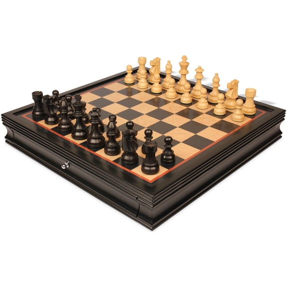 French Lardy Staunton Chess Set - Ebonized & Boxwood Pieces - Black & Bird's-Eye Maple Two-Drawer Chess Case - 3.25" King