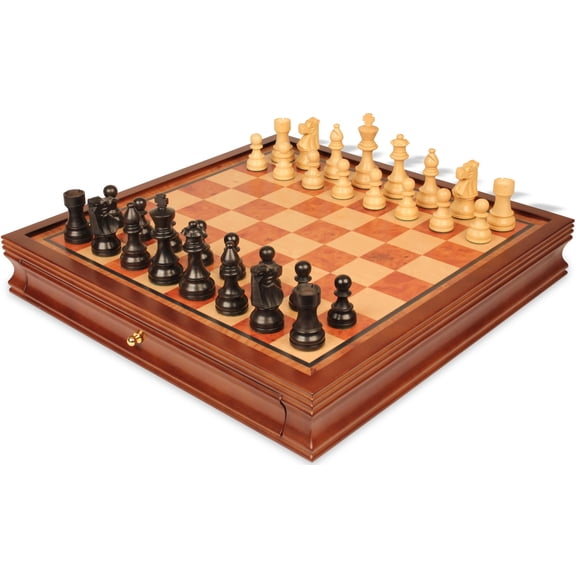French Lardy Staunton Chess Set - Ebonized & Boxwood Pieces - Elm Burl & Bird's-Eye Maple Two-Drawer Chess Case - 3.25" King