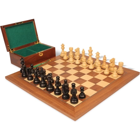 French Lardy Staunton Chess Set Ebonized & Boxwood Wood Pieces with Walnut & Maple Deluxe Board & Box - 3.75" King