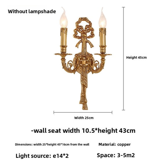 French Light Luxury Full Copper Wall Sconce with Bow and Candle Style Design, European LED Light Fixture for Living Room Background Wall, Bedroom Bedside Lighting