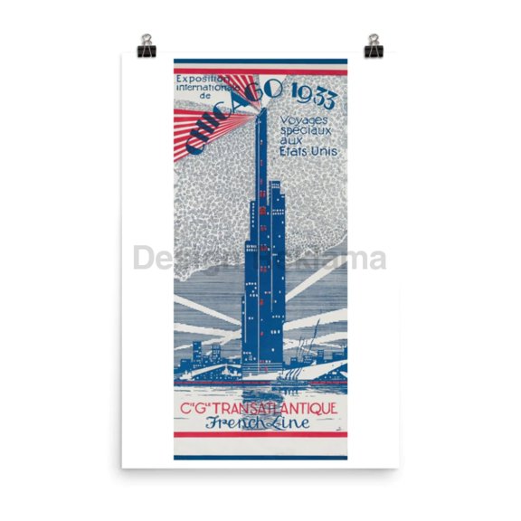 French Line Compagnie Generale Transatlantique Special Voyage To The United States For Chicago Worlds Fair, 1933. Unframed Vintage Travel Poster