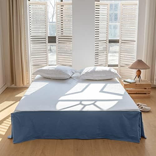 French Linen Bed Skirt with Pleated Corner 22-Inch Tailored Drop Natural Flax Cotton Blend Basic Dust Ruffle Soft Cozy Farmhouse Bedding (22" King, Basic Navy Blue)