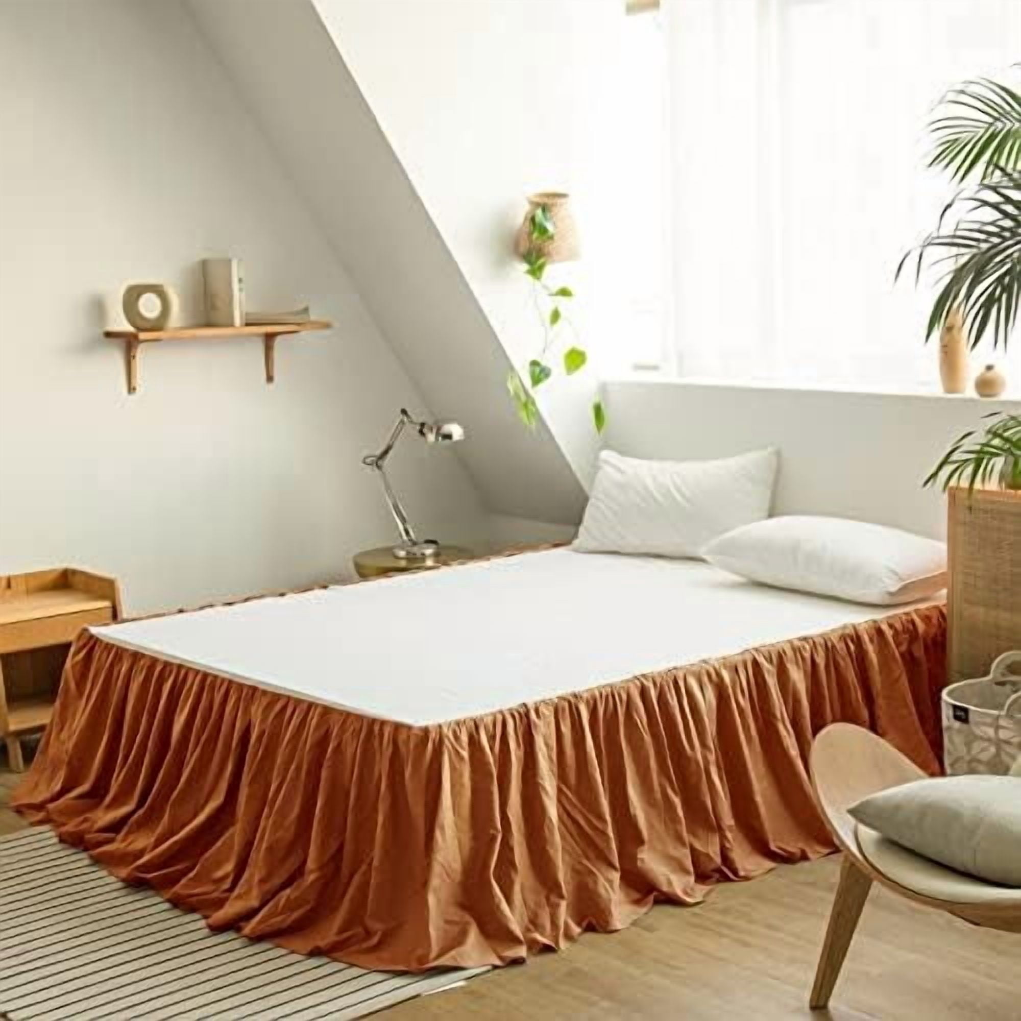 French Linen Bed Skirt with Pleated Frills 14-Inch Tailored Drop Natural Flax Cotton Blend Dust Ruffle Soft Cozy Farmhouse Bedding (14" Twin, Rust)