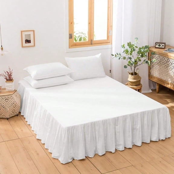 French Linen Bed Skirt With Pleated Frills 14-Inch Tailored Drop Natural Flax Cotton Blend Dust Ruffle Soft Cozy Farmhouse Bedding 14" Queen White