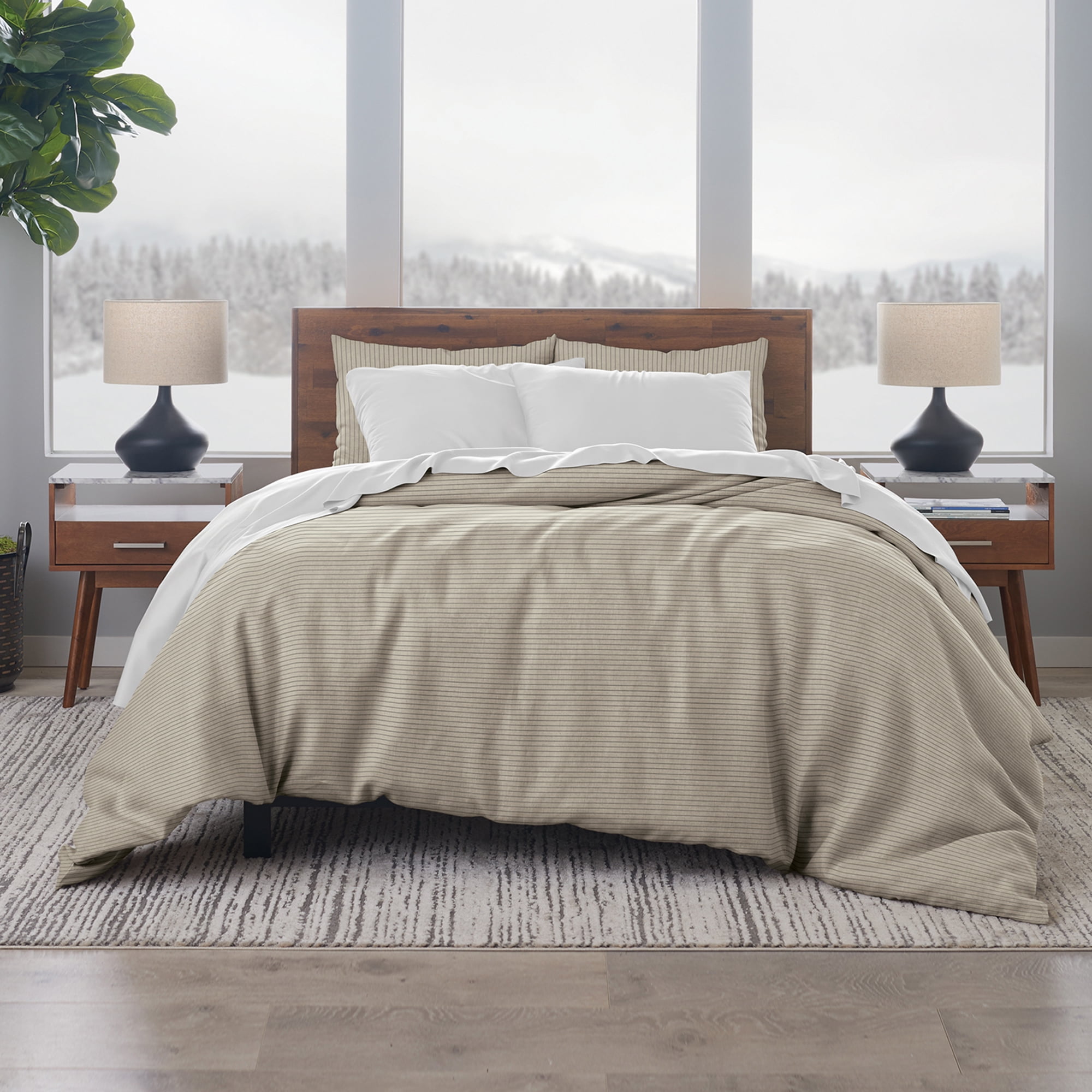 Natural Black Cotton Pinstripe King/Cal King Duvet Cover Set