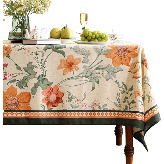 French Linen Square Tablecloth,Orange Floral Pattern Wrinkle Resistant and Soft Table Cloth,Decorative Table Cover for Kitchen,Dining,Thanksgiving,Tea Party,Christmas,67"*67"-Milch