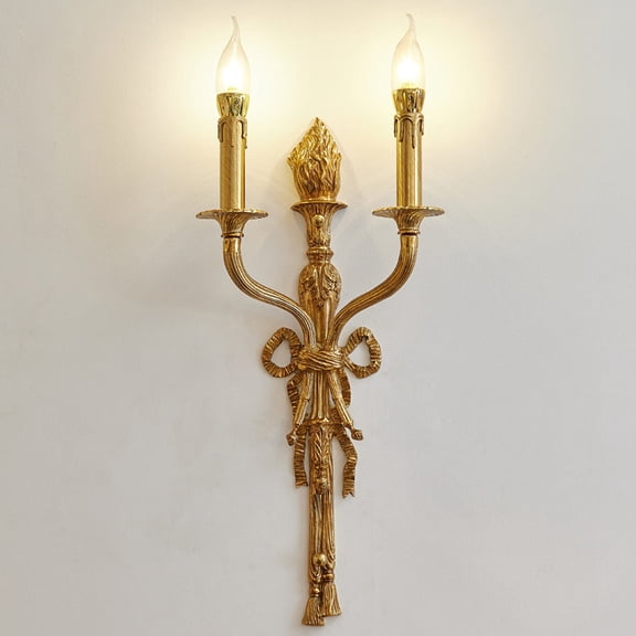 French Luxury Full Copper Wall Sconce with Bow Design, European Neo-Classical LED Light Fixture for Villa Living Room, Bedroom, Bedside, Study Lighting