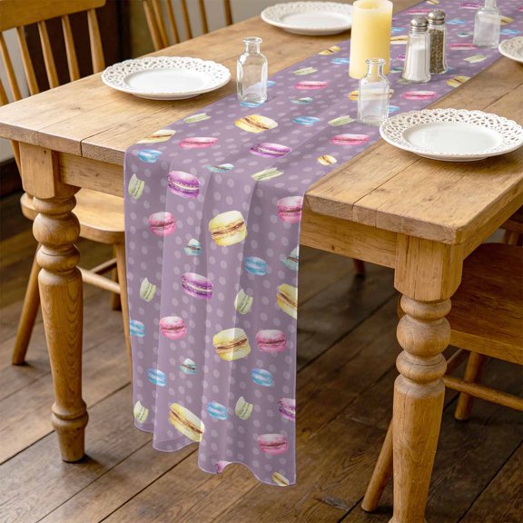 French Macarons 4.5ft Cheesecloth Table Runner for Wedding 19"x55", Modern Colored Macarons Purple Dots Kitchen Dinner Sheer Tulle Chiffon Dresser Scarf, Holiday Party Decorations