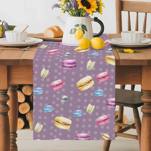 French Macarons Table Runner 13x36 Inch Modern Colored Macarons Purple Dots Cotton Linen Dining Table Runner Ideal for Dresser Kitchen Coffee Tables - Machine Washable