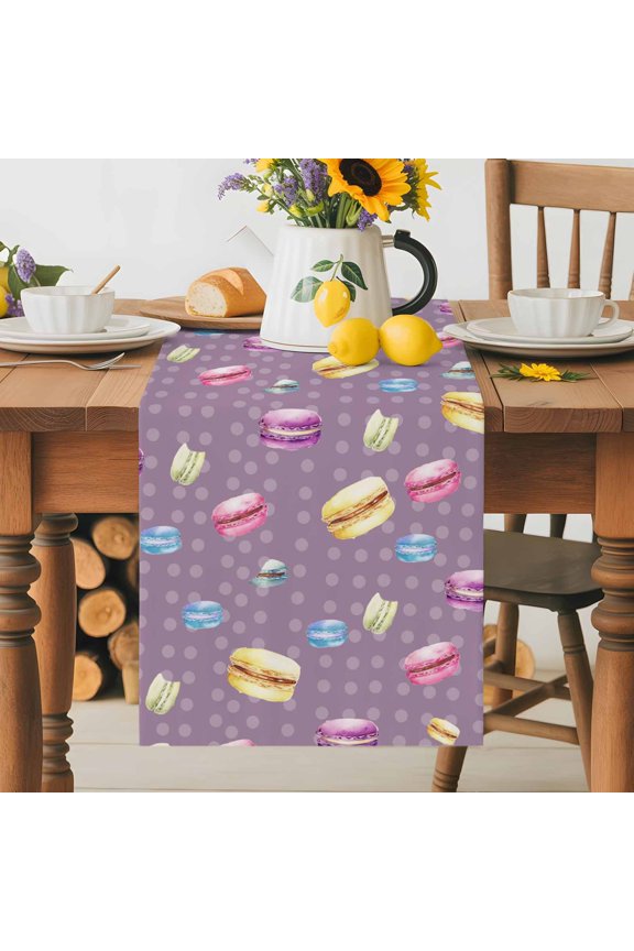 French Macarons Table Runner 18x72 Inch Modern Colored Macarons Purple Dots Cotton Linen Dining Table Runner Ideal for Dresser Kitchen Coffee Tables - Machine Washable