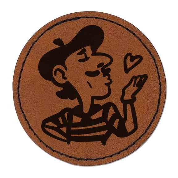 French Man in Beret Blowing Kiss Round Iron-On Engraved Faux Leather Patch Applique - 2.5 Inch - Brown