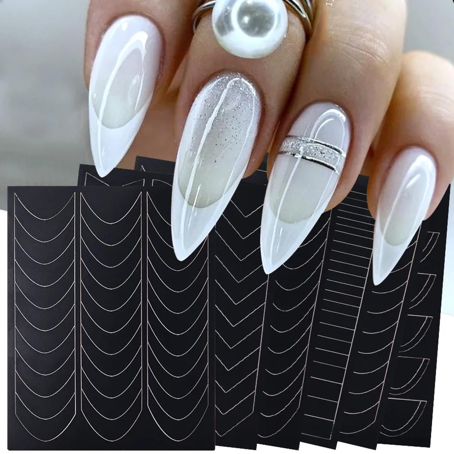 French Manicure Nail Art Stickers- 6 Sheets Self-Adhesive French Tip