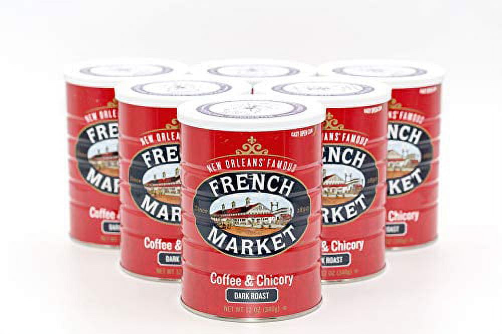 French Market Coffee, Coffee and Chicory, Dark Roast Ground Coffee, 12 Ounce Metal Can (Pack of 6)
