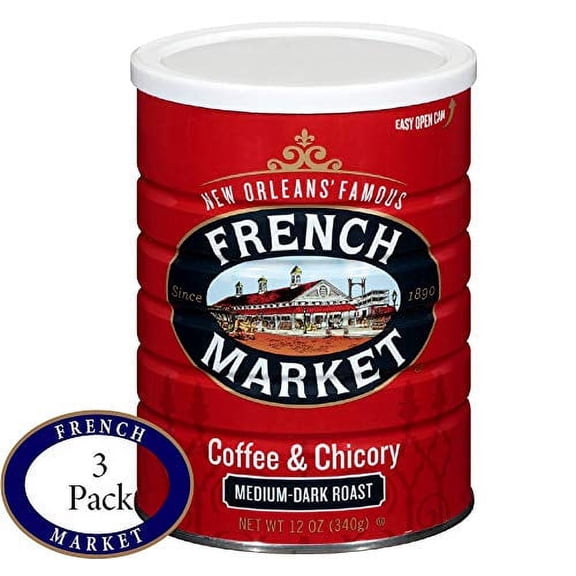 French Market Coffee, Coffee and Chicory, Medium-Dark Roast Ground Coffee, 12 Ounce Metal Can 3 Count (Pack of 1)