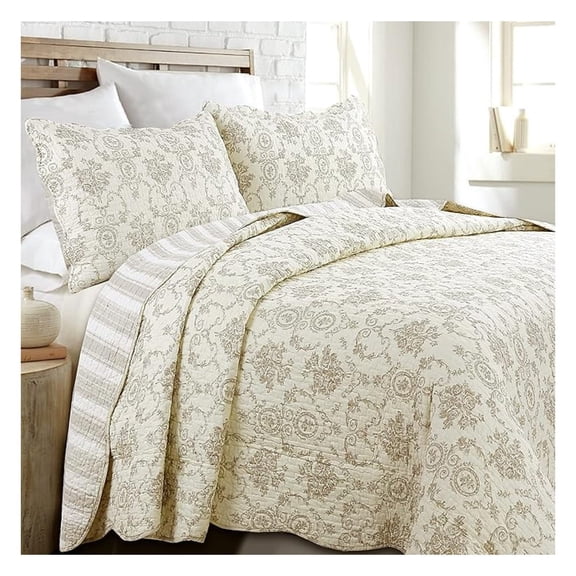 French Medallion 100% Cotton Bedding Quilt Set, Beige Rose Flower Reversible Coverlet Bedspread (Cream Eggnog, Queen -3 piece)