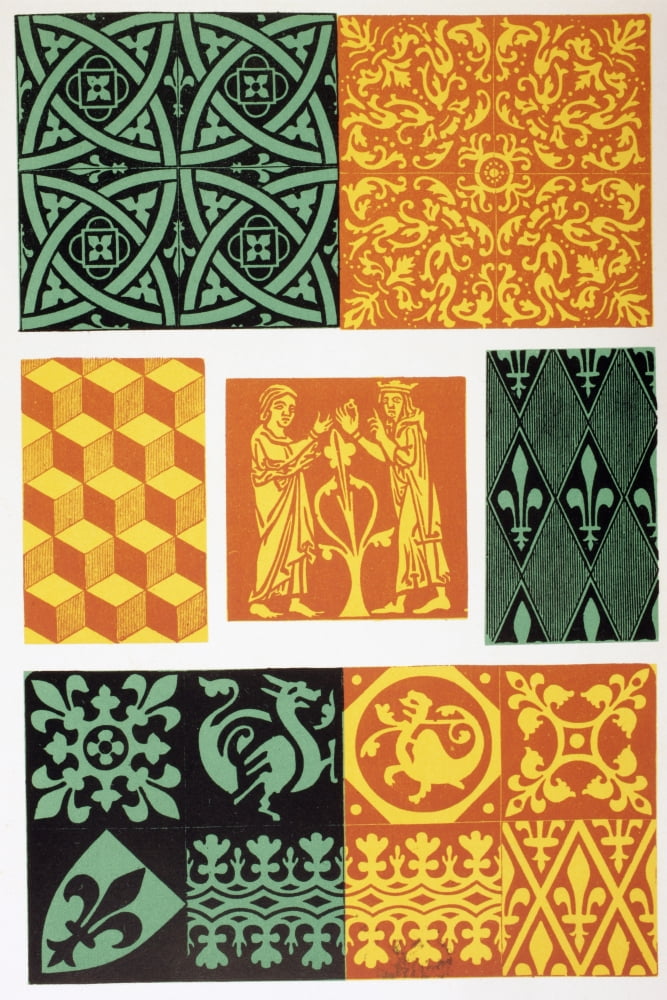 French Medieval Floor Tiles From Les Artes Au Moyen Age Published Paris 1873 Canvas Art - Ken Welsh Design Pics (12 x 18)
