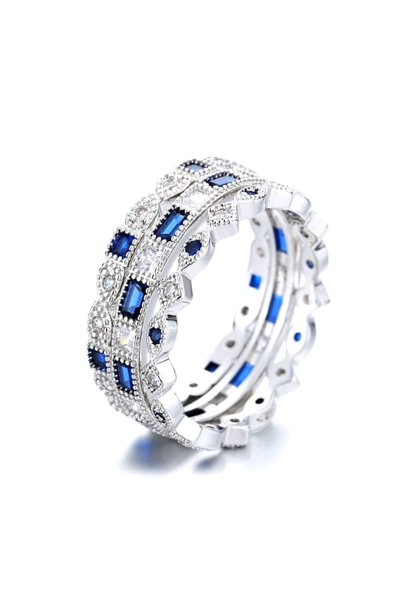 14K White Gold Plated Sapphire French Milligram 3 piece Ring Set