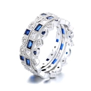 14K White Gold Plated Sapphire French Milligram 3 piece Ring Set