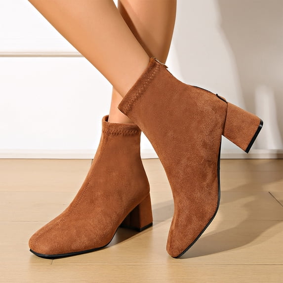 French Minimalist Stretch Suede Ankle Boots For Women Square Toe Rear Zipper Chunky Block Heel Slim Fit Elegant Casual Autumn Winter Short Dress Booties