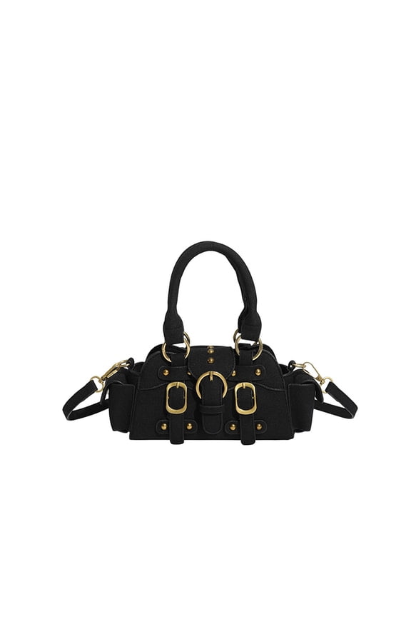 French Motorcycle Rivet Stitching Hand Carry Shoulder Crossbody Bag PU Niche Design Premium Women Bag Retro Texture Handled Bag in Black for Daily Outfits