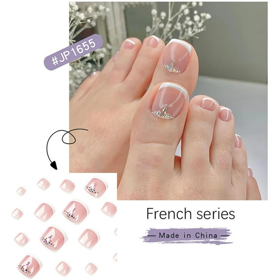 French Nails Rose Red Toenails And Rhinestone Fake Nails Nail Stickers Removable Nails 1ml
