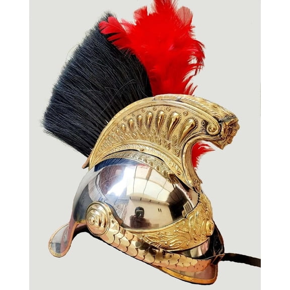 French Napoleon Brass Shako Helmet - Historical Parade-Style Helmet with Decorative Plume for Collectors and Reenactors