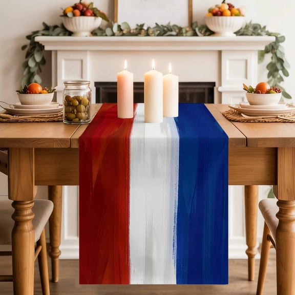 French National Day French Flag Table Runner 13x72in Non-Slip Cotton Linen Table Runners, Blue White Red Stripes Dresser Scarves TableRunner for Dinner Kitchen Dining Wedding Party